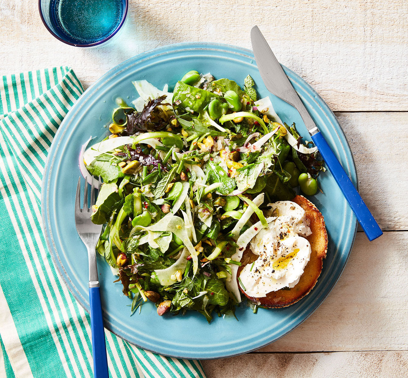 Spring Salad with Pistachios & Burrata Toasts