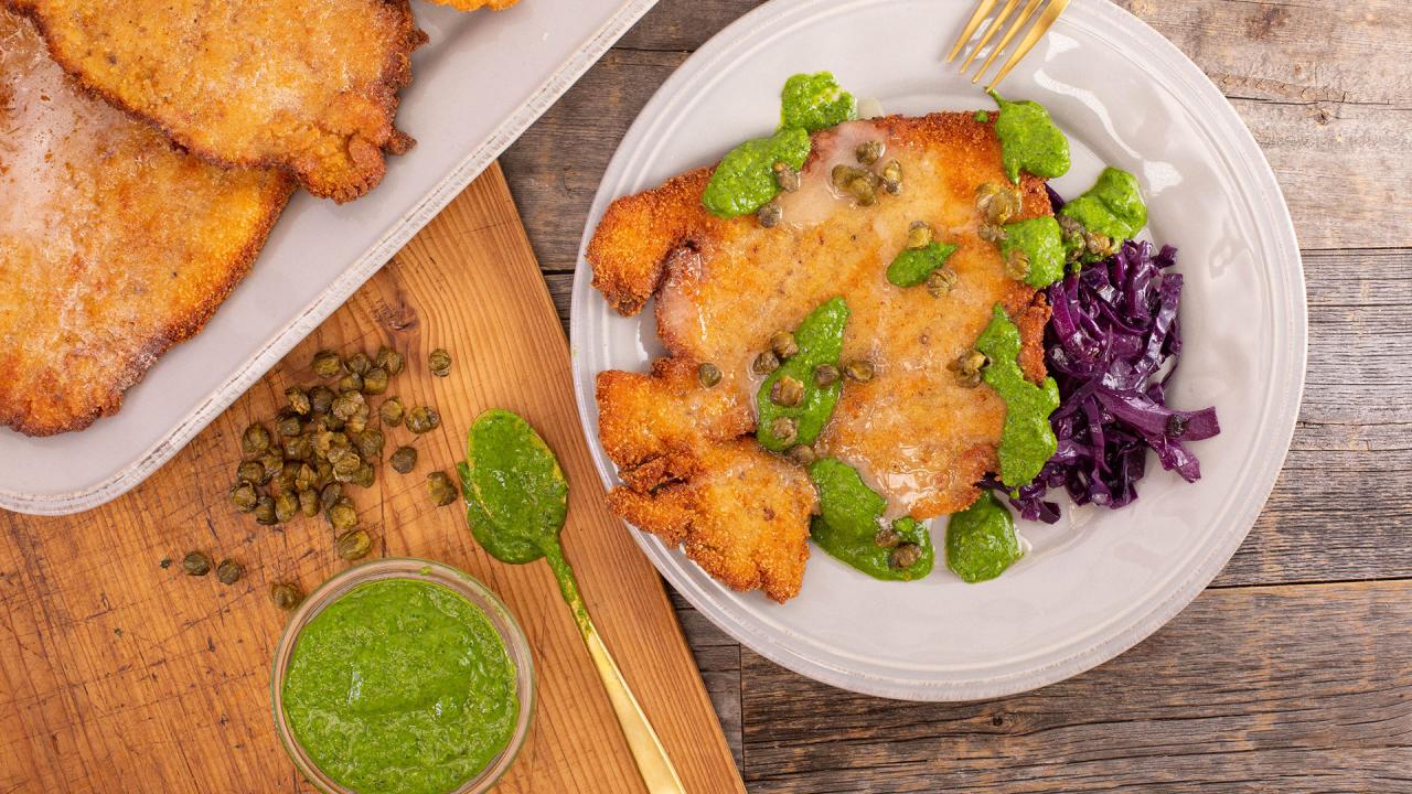 Rachael's Arthurs-Style Chicken Schnitzel with Whipped Honey & Green Hot Sauce + Braised Red Cabbage